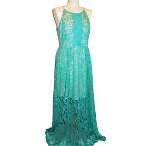 Maxi Dress SMALL Sheer Turquoise Green Lace Sleeveless Special Occasion Party